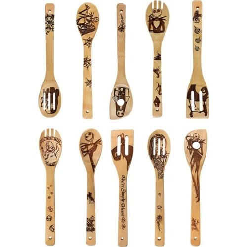 5pcs /set Laser Embossing Bamboo Tableware Spoon Spatula Wooden Non-stick Cooking Utensil Kitchen Tool Christmas Festival Gift