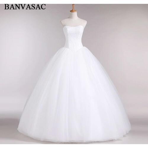 BANVASAC 2018 Real Photos Strapless Lace Ball Gown Wedding Dresses Elegant Embroidery Open Back Bridal Gowns