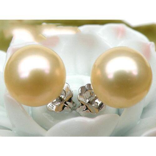 Free shipping 14k/20 white Natural AAA++ 8-9mm perfect round golden pink akoya stud pearl earring