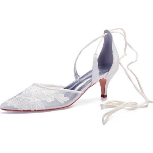 Creativesugar pointed toe high heels see through mesh dress shoes lace up ankle strap with lace applique bridal wedding pumps