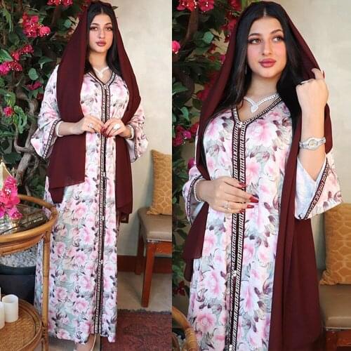 Muslim Women Floral Print Hijab Long Dress Moroccan Ethnic V-neck Abaya Maxi Robe Middle East Turkey Kaftan Islamic Ramadan Gown