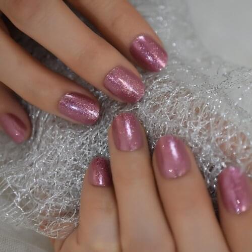 Super Shimmer Quality Glitter False Nails Pink Short Round Shape Faux Ongles Gorgeous Manicure Pre-designed Nail Daily