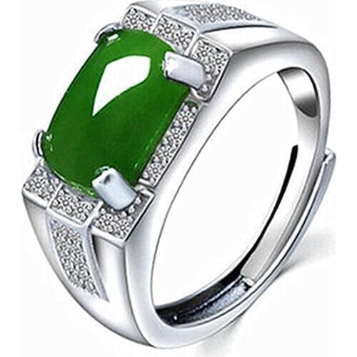 Vintage Fashion Green Jade Emerald Gemstones Diamonds Mens Finger Rings White Gold Silver Color Jewelry Bague Bijoux Accessory