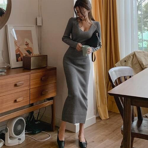 Korean autumn clothing 2020 temperament deep V-neck knit dress Office Lady Polyester Sheath Zippers