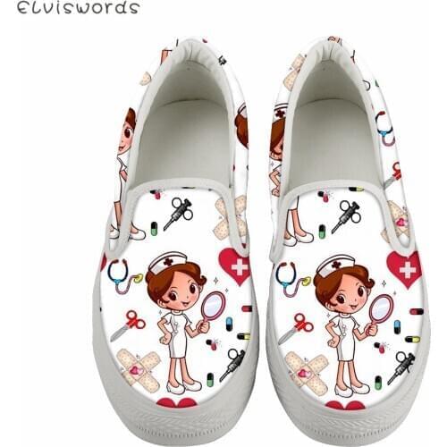 ELVISWORDS Cute Cartoon Nurse Pattern Casual Slip On Shoes Nursing Shoes for Women Flat Sneakers Comfort Fashion Ladies Footwear