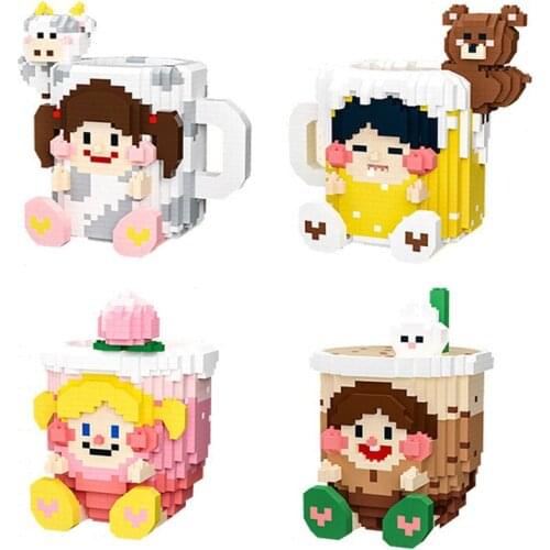 Cute Cartoon Milk Tea Cup Micro Building Blocks Toys DIY 3D Cow Pen Container Mini Diamond Brick For Kid Student Christmas Gift