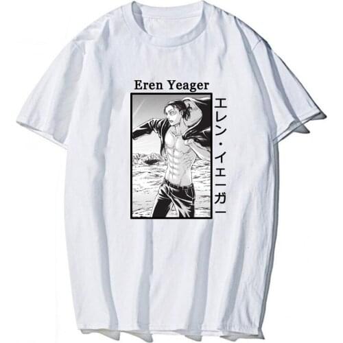 Fashion O-Neck Tops Casual Loose Anime Shirt Man and Woman White T-Shirt Eren Yeager
