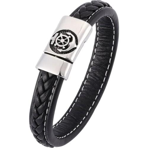 Fashion Men Anchor Pattern Leather Bracelet Black Woven Leather Bangle For Man Jewelry Gift BB0348