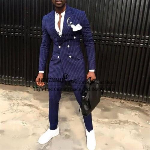 Fashion Pinstipe Slim Fit Wedding Suits Set Double Breasted Peaked Lapel Mens Tuxedos for Wedding Prom Tuxedo (Jacket+Pants)