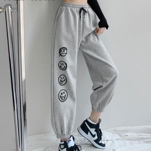 2021 NEW Graffiti Smile Face Loose Sports Pants Womens Autumn Winter Grey Casual Leggings Straight Tube Harem Pants A203