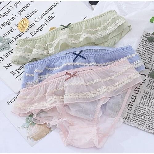 New Kawaii Lingerie Femme Cute Sexy Panties Briefs for Young Women Low Rise Sweet Underwear Ruffles Mesh Lace Panty Tangas Mujer