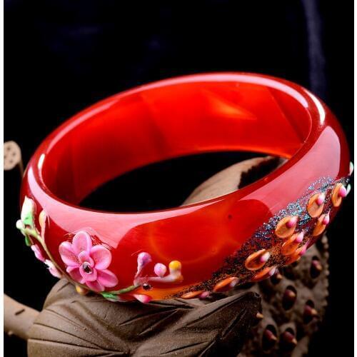 New Bangle 100% Natural Red Jadeite Painting Peacock Shell Flower Women Bangle