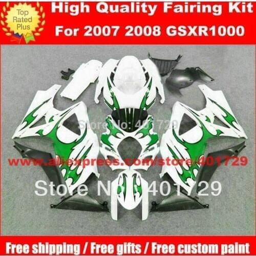 Motorcycle Fairings for Suzuki GSXR1000 2007 2008 GSX-R1000 K7 green flame in glpssy white fairing set with free heatshield