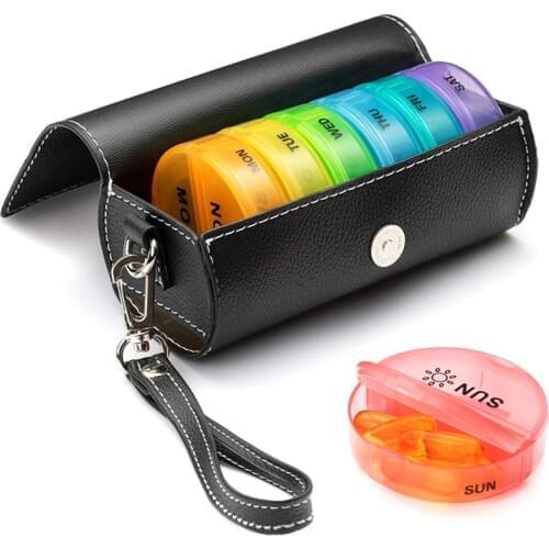 Portable 14 Grids 7 Days Box Holder Tablet Pill Case Medicine Storage Organizer Healthy Care Tool Rainbow Color with PU Bag