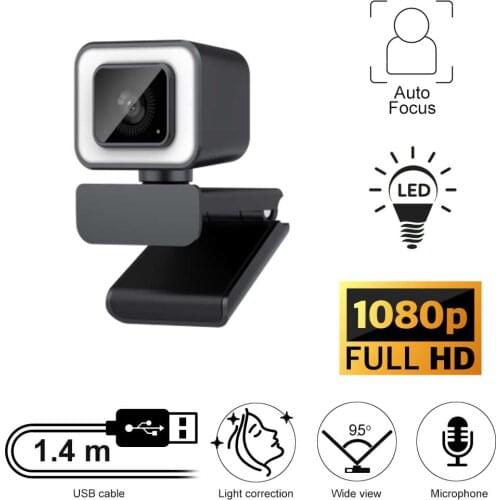 AF WebCam Full HD Cam With USB Connector, LED Light, Microphone for Skype, MS Teams, Zoom, Home Office, Video Chat, Conference