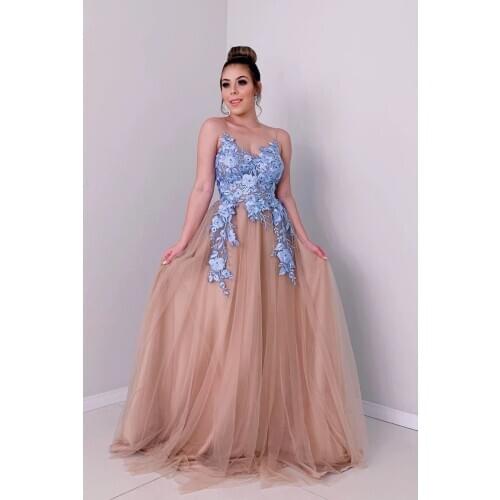 Embroidery Prom Dresses 2021 Long Tulle Spaghetti Straps Formal Evening Party Dress Lace up Back Robe De Soiree
