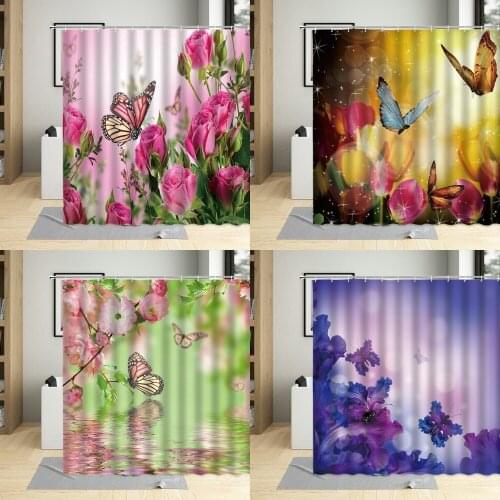 Colorful Flowers Butterflies Bathroom Decor Rose Tulip Sheer Home Bath Shower Curtain Waterproof Hanging Curtains With Hooks