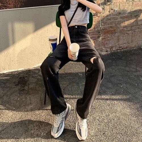 Womens Black High Waist Ripped Straight-leg Jeans Spring Autumn Hole Loose and Thin Drape Wide-leg Mopping Pants for Female