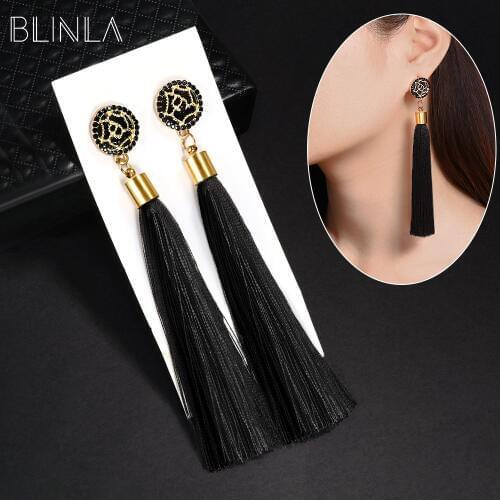 BLINLA Fashion Bohemian Tassel Crystal Long Earrings Black Red Silk Fabric Drop Dangle Tassel Earrings For Women 2019 Jewelry