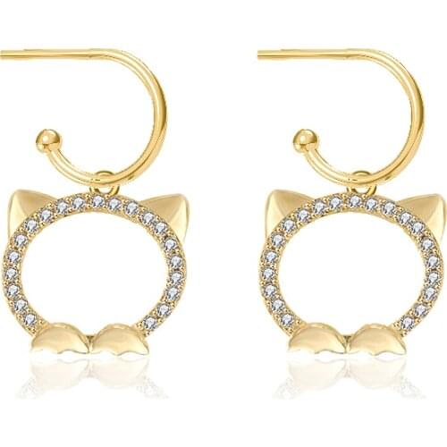 S925 Sterling Silver Cat Earrings Female Personality Small Fresh and Simple Hollow Diamond Earrings Jewelry