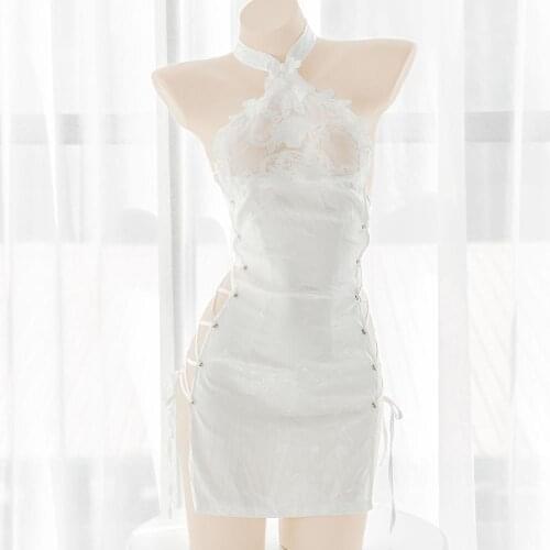 Women Pure White Sexy Ultra Short Cheongsam Style Halter Strap Hollow Lace See-through Tank Top Skirt