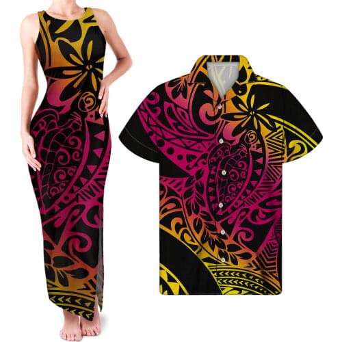 HYCOOL Gradient Hibiscus Print Womens Sleeveless Dresses Wholesale Plus Size Couples Matching Outfits Women Bodycon Maxi Dresses