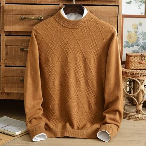 Winter half-high collar cashmere sweater mens 100% cashmere diamond jacquard middle-aged solid color cashmere mens large size