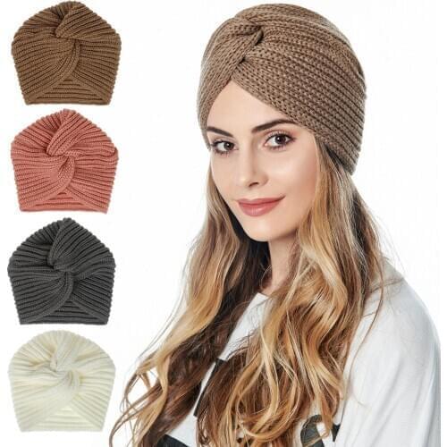 2020 Trendy Women Knitted Turban Hat Winter Warm Cross Muslim Headscarf Bonnet Ladies Solid Headband Bandana Winter India Cap