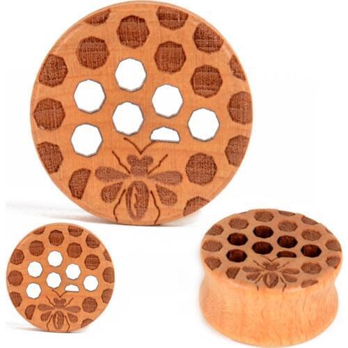 Body Piercing Jewelry Honey Comb Organic Wood Ear Plugs - Double Flared Saddle Earring Tunnels