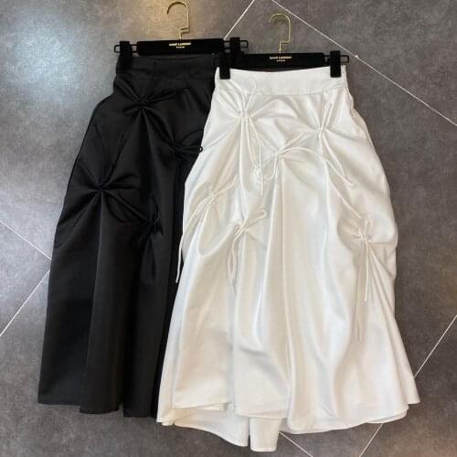 Cakucool Women Solid Black harajuku white Spring new pinch bow tie lace decoration 3D puffy dark Gothic Designer Midi Long skirt