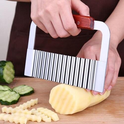 Potato Wavy Crinkle Chopping Knife Vegetable French Fry Cutter Wooden Handle Steel Blade Slicer Kitchen Cutting Tools Gadgets
