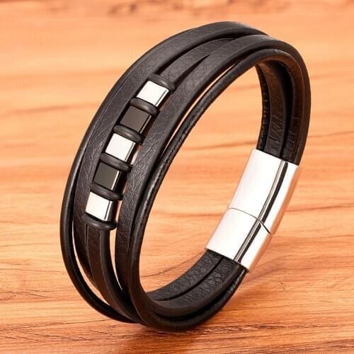Hot Sale Multi Layer Design Stainless Steel Men Bracelet Magnetic Clasp Black Leather Charm Jewelry Accessories For Friend Lover