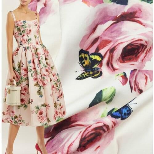 Spring Summer D Brand Hot Sale Apricot Bottom Butterfly Hand-painted Flower Dress Printed Fabric for Dress Clothing Material