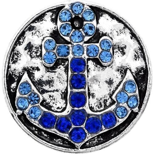 Fashion beauty Blue rhinestone Anchor 18MM snap buttons fit snap bracelet snap jewelry wholesale KZ3015