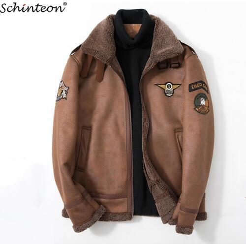 Schinteon Men Suede Leather Jacket Air Force Uniform Coat Faux Lamb Wool Fur Warm Winter Outwear High Quality Drop shipping