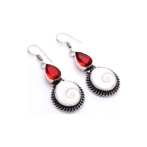 Genuine Shiva Eye + Garnet Silver Overlay on Copper Earrings ,Hand made Women Jewelry Gift , 52 mm, E5613