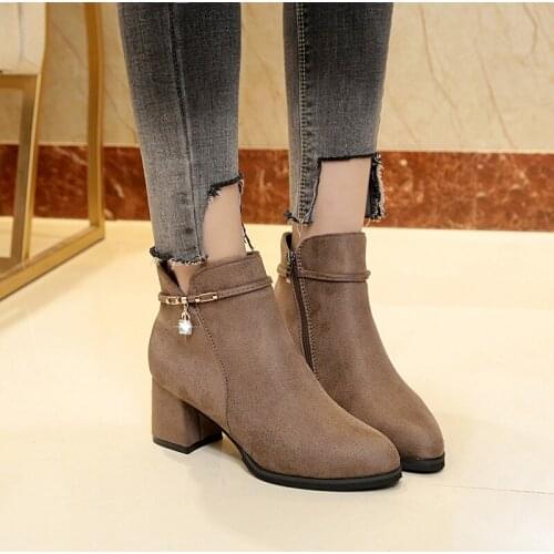 Autumn and winter high-heeled short boots womens thick-heeled plus velvet short-tube womens shoes