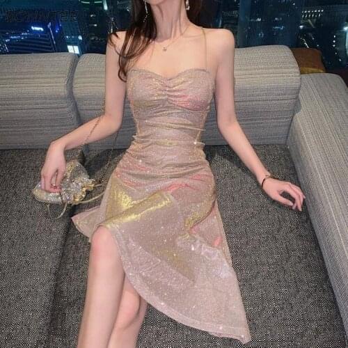 Sleeveless Dresses Sequin Slim Trumpet Spaghetti Strap Knee-length High Waist Sexy Lady Party Wear Vestidos Backless Clubwear