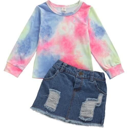 Pudcoco US Stock 2Pcs Toddler Kid Baby Girls Clothing Set Fashion Tie-dye Long Sleeve Top and Button Ripped Denim Short Skirt