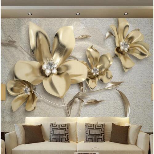 Luxury golden three-dimensional jewelry flower 3D wallpapers TV background wall modern wallpaper for living room