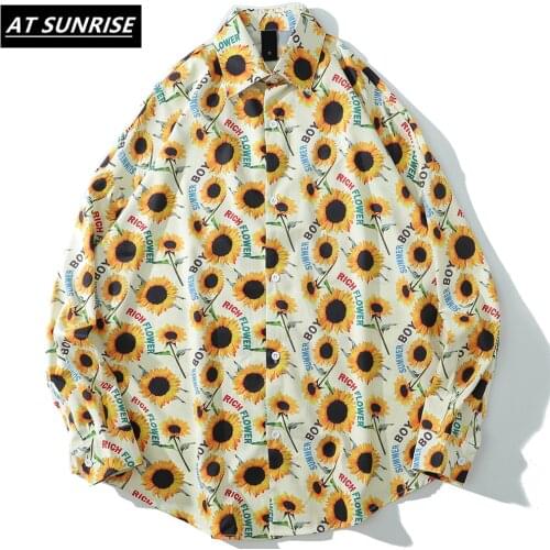 Hip Hop Shirt Long Sleeve Oversized Harajuku Shirt Streetwear Loose Hawaiian Shirt sunflower Autumn Casual Tops HipHop Clothes
