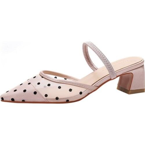 Women Sandals Summer Ladies Silk Slip On 5CM Thick High Heels Pointed Toe Shallow Back Strap sandal women shoes size 35-40