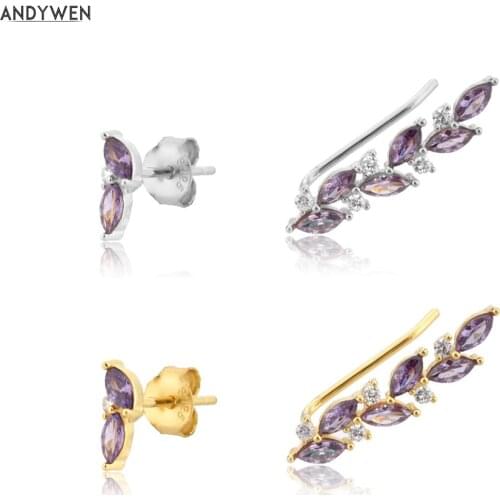 ANDYWEN 925 Sterling Silver Gold Purple Milk Gemstone Climber Stud Earring Irregular Piercing Pendientes Woemn Fashion Jewels