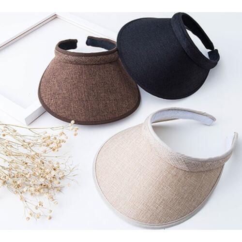 Women Ladies Summer Weave Straw Empty Top Beach Cap Clip-On Solid Color Large Wide Brim UV Protection Breathable Sun Visor Hat