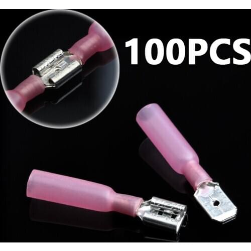 100PCS Red Spade Heat Shrink Connectors Terminals 0.5-1.5mm2 PE Copper Quick Splice Waterproof Insulation Wire Cable Connector