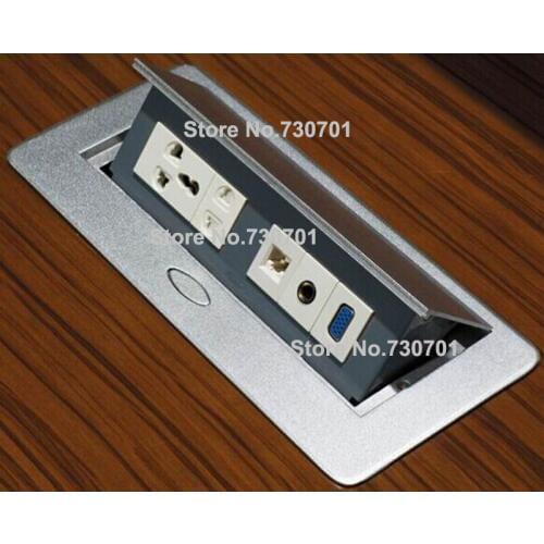 Thin rou 3 pin 2 pin tabletop socket with data video VGA table socket outlet silver black color ,modular changeable cable added