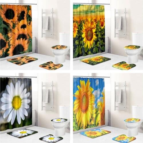3Drealistic Plant Beauty Sunflower Waterproof Fabric Bathroom Curtain Shower Curtain Cover Non Slip Carpet Toilet Cover Bath Mat