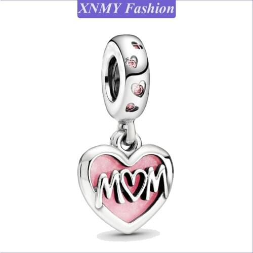 XNMY New Original Silver Color Beads Mum Mom Script Heart Dangle Charm Fit European Pandora Barcelet Necklace DIY Jewelry