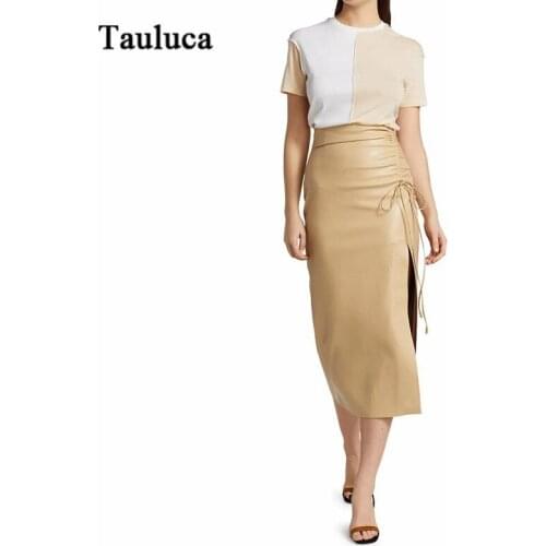 2021 Fashion Hungarian Nanu PU Leather Women Black Pleated Skirt Drawstring Split High Waist Middle Skirt Woman Hip Wrap Bottom