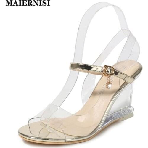 MAIERNISI Summer Women Fashion Dancing High Heels Wedding Shoes Sexy Pump Female wedge Heel Party Transparent Crystal Sandals